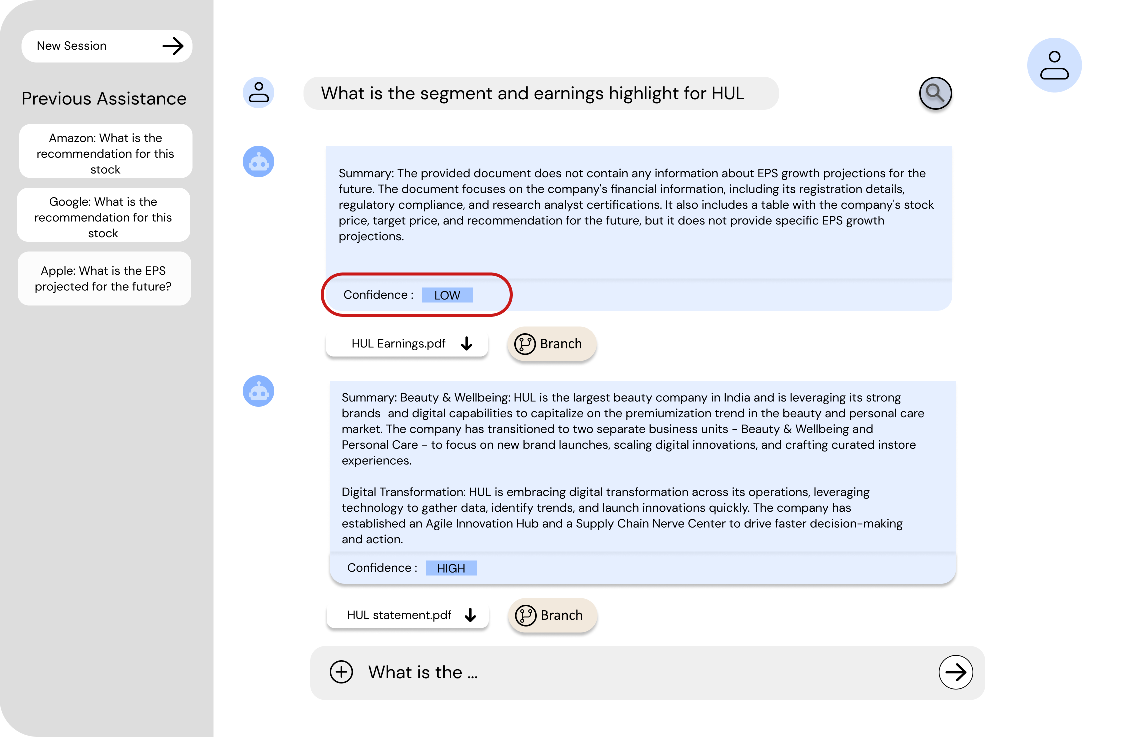 Confidence level tag reading LOW, MEDIUM or HIGH beside a generated answer